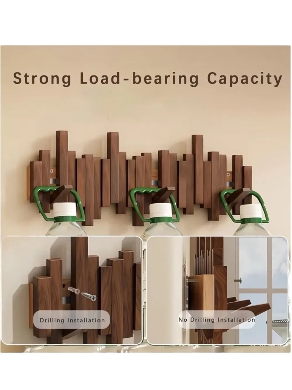 Espresso Color Modern Natural Wood Paino Wall Mounted 8 Hook Rack